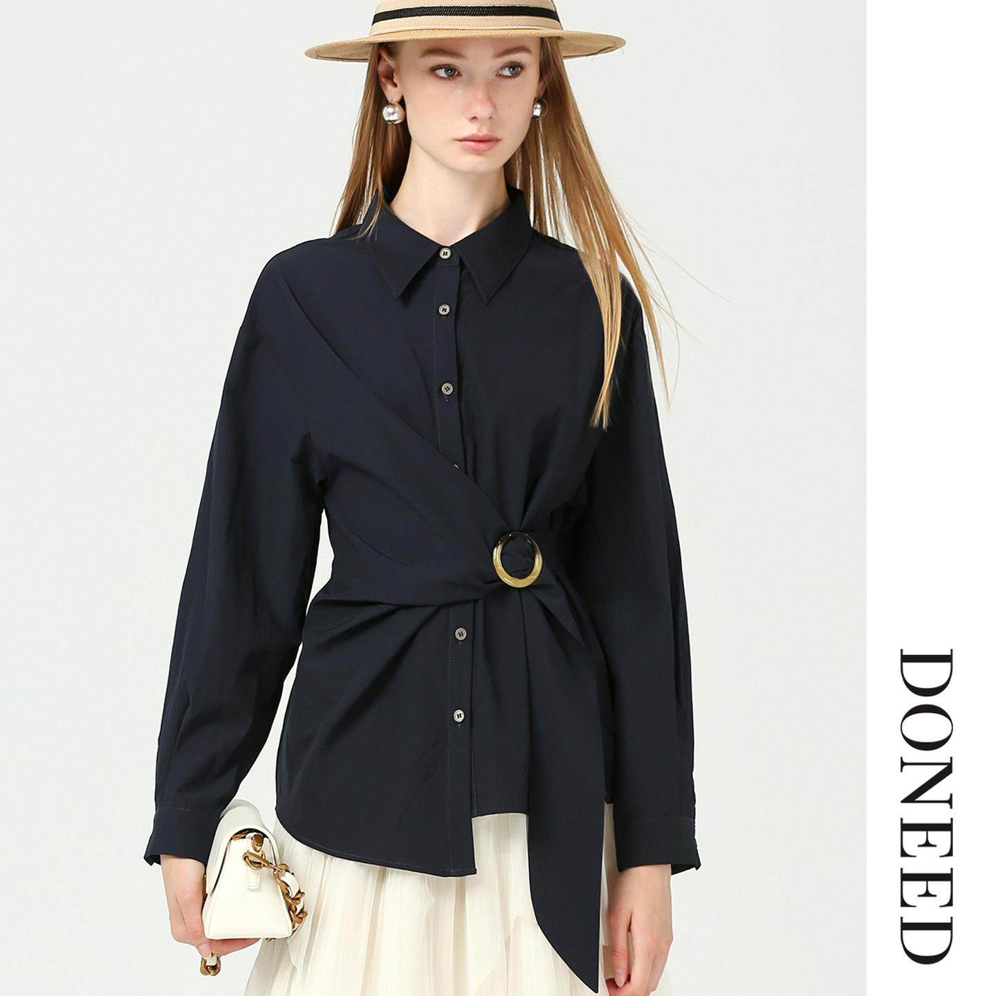 DONEED初春时尚气质设计感收腰显瘦不规则长袖纯色衬衣上衣女
