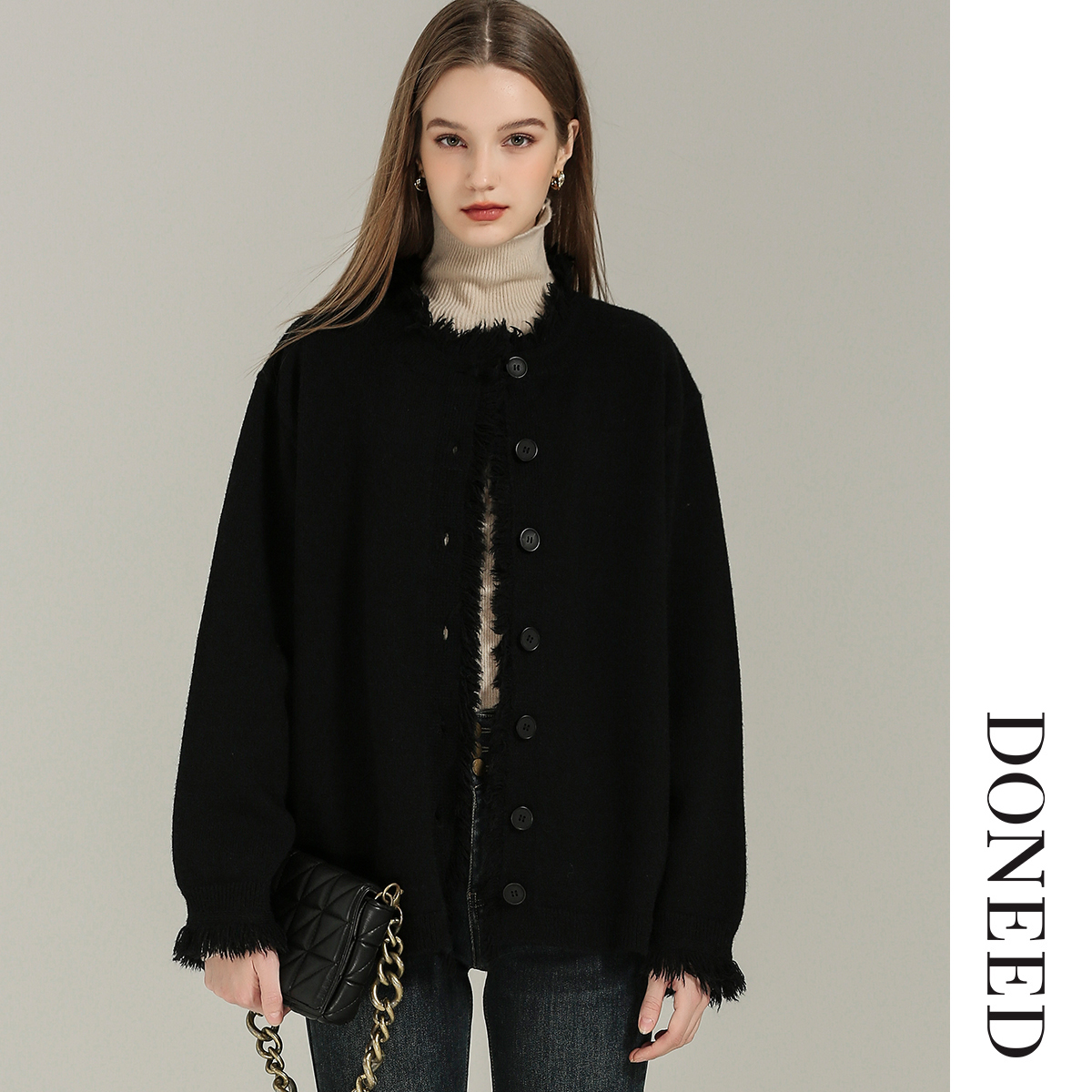DONEED春款休闲慵懒风温柔减龄毛须边保暖毛织开衫百搭时尚外套女