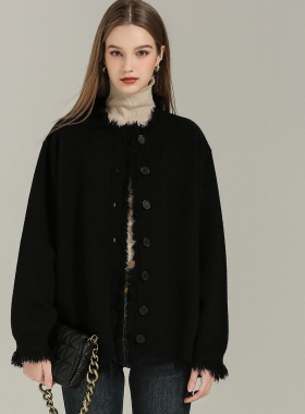 DONEED春款休闲慵懒风温柔减龄毛须边保暖毛织开衫百搭时尚外套女