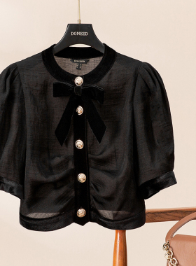 DONEED黑色小香风泡泡袖短款上衣女法式夏款时尚宽松独特别致小衫