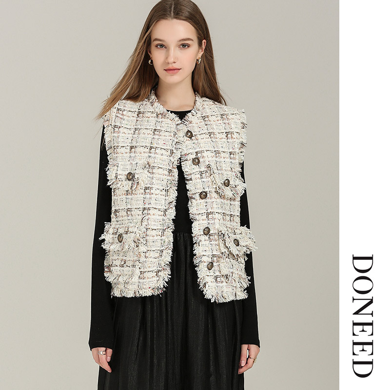 法式小香风毛须边圆领马甲上衣