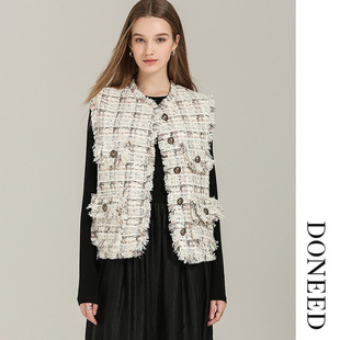 DONEED春款法式小香风粗纺格纹百搭保暖毛须边装饰圆领马甲上衣女