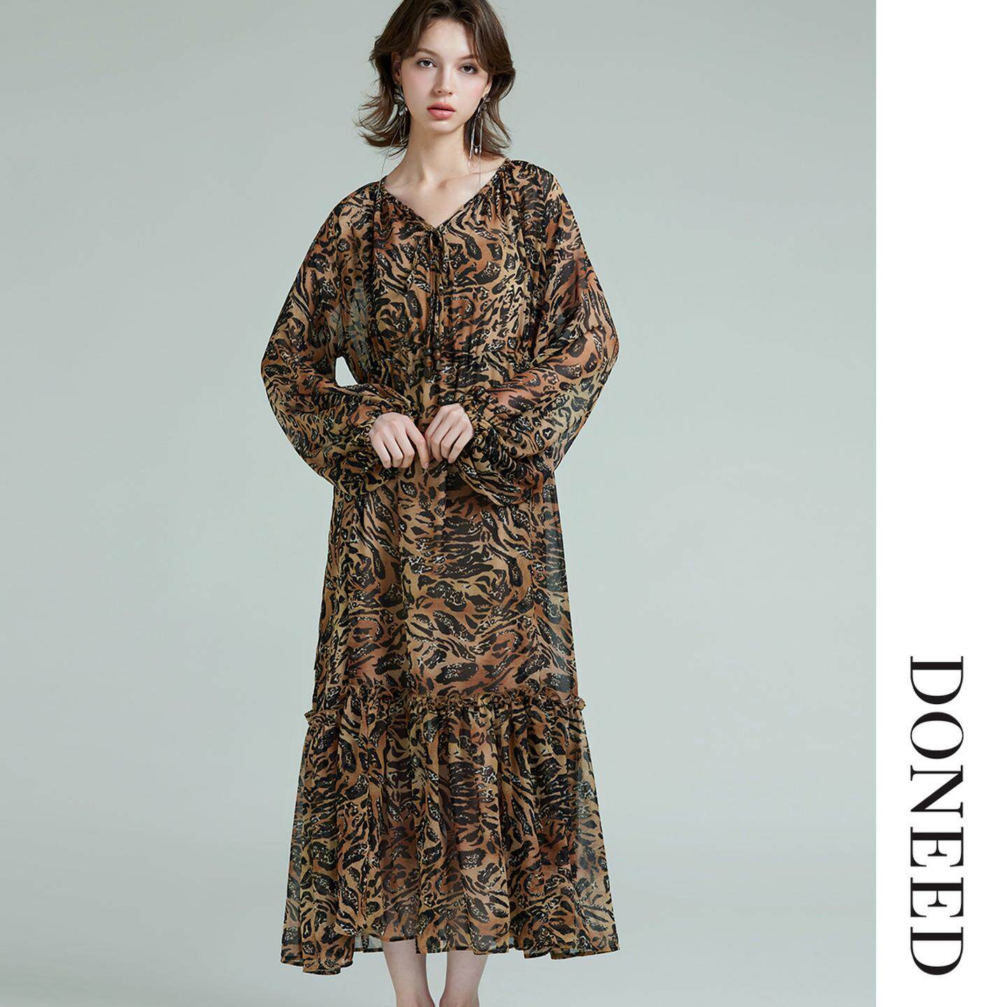 DONEED春夏新款V领系带插肩袖复古温柔慵懒拼接两件套连衣裙