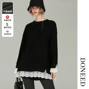 DONEED2025冬季新款复古显瘦假两件蕾丝拼接连衣裙