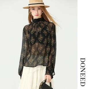 DONEED2025初秋优雅通勤飘带高领微透时尚雪纺复古印花上衣女