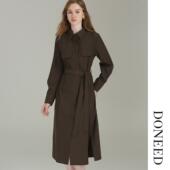 DONEED秋款 连衣裙女 裙设计感配腰带直筒显瘦长款 时尚 翻领衬衫