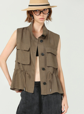 DONEED夏款时尚工装无袖大口袋抽绳设计感百搭马甲上衣女