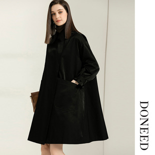 DONEED春款 宽松廓形大口袋翻领不对称侧襟中长风衣外套女
