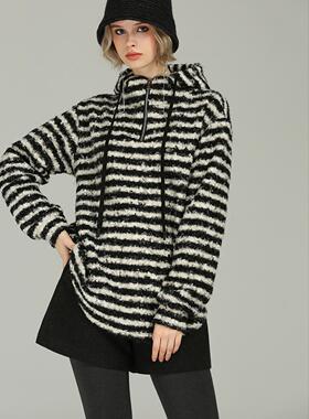 DONEED春季新款半开拉链连帽条纹针织卫衣休闲时尚