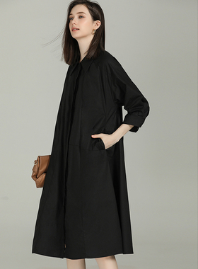 DONEED春夏款休闲宽松七分袖衬衫裙文艺气质黑色显瘦连衣裙女