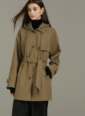 DONEED春款休闲高级连帽可拆卸翻领可收腰显瘦中长外套风衣女
