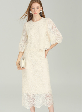 DONEED夏款优雅气质水溶亮片蕾丝上衣包臀半裙女人味套装女