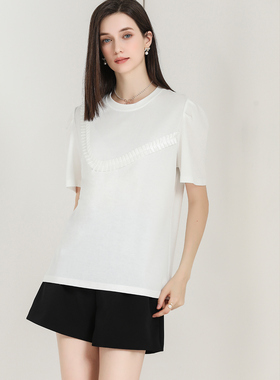 DONEED夏款简约甜美花边织带拼贴圆领泡泡袖T恤针织上衣女