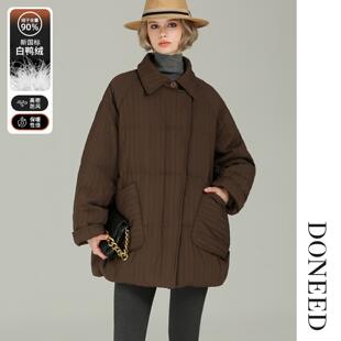 DONEED2025冬季新款气质翻领加厚竖条绗缝加厚羽绒服外套