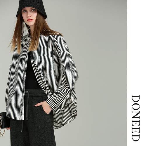 初春通勤气质棉感条纹长袖衬衫