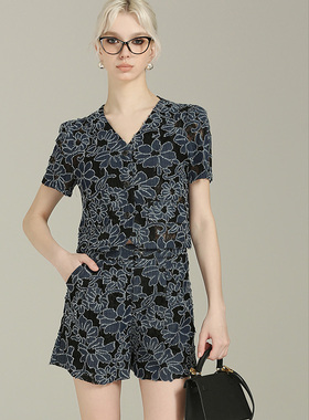 DONEED夏款休闲V领蕾丝牛仔提花短袖上衣+阔腿短裤两件套套装