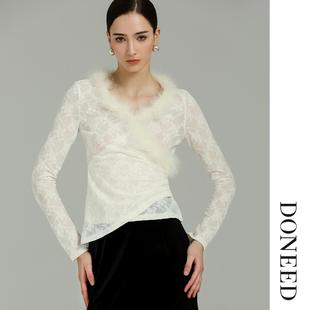 DONEED2026初春新款法式复古高级感蕾丝不对称下摆拼接收皱上衣女