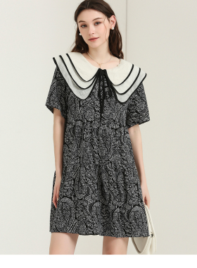 DONEED夏款甜美初恋感叠层娃娃领宽松佩兹利印花短袖连衣裙女