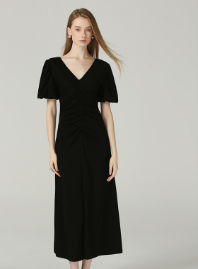 DONEED夏新款知性优雅V领收腰系带短袖小黑裙长款连衣裙女