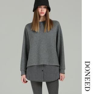 DONEED2025冬季新款设计感拼接格纹假两件宽松时尚休闲卫衣