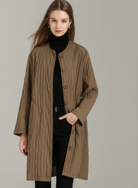 DONEED春款极简风圆领廓形感落肩显瘦条纹加薄棉保暖棉风衣外套女