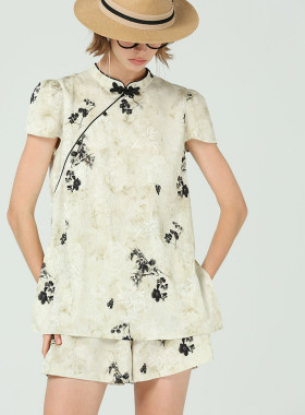 DONEED夏款时尚气质新中式立领印花提花复古盖袖上衣短裤套装