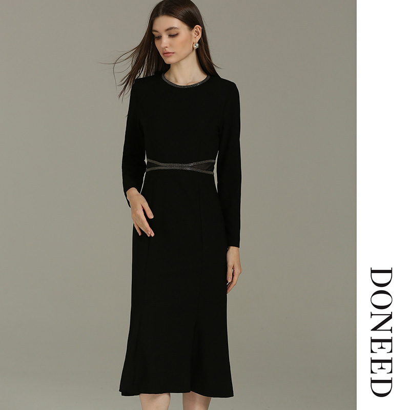 优雅气质显瘦金属织带鱼尾连衣裙