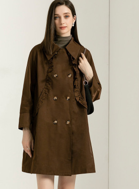 DONEED春款气质减龄宽松耳边双排扣设计感中长风衣女时尚外套女