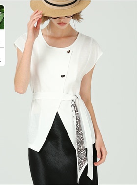 DONEED夏款小众设计感交叉斜门襟丝带设计感腰带飞袖上衣女