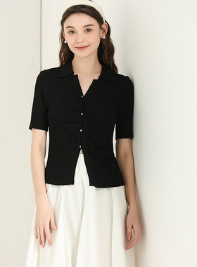 DONEED夏款优雅知性缩褶开叉设计感修身显瘦短袖针织上衣女