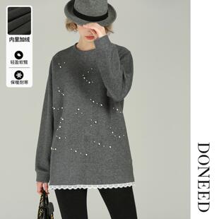 DONEED2025冬季新款时尚钉珠圆领拼接蕾丝花边时尚百搭卫衣女