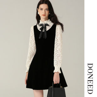 DONEED2025春新温婉精致气质修身 显瘦小立领撞色拼接丝连衣裙女