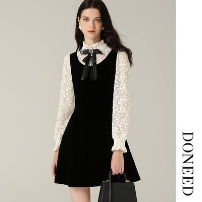 DONEED小立领撞色拼接丝连衣裙