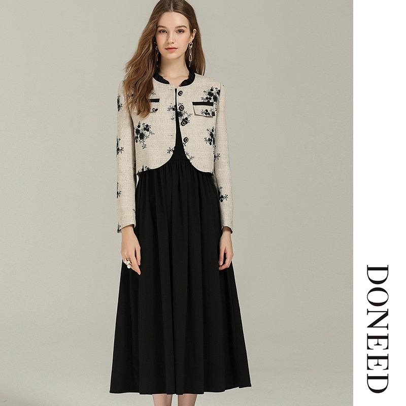 DONEED2026春款轻奢优雅小香风套装绣花外套+背心连衣裙两件套女