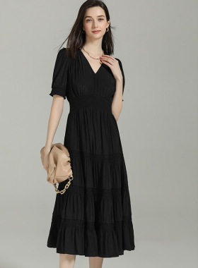 DONEED夏款文艺范纯色茶歇裙初恋感温柔V领收腰飘逸短袖连衣裙