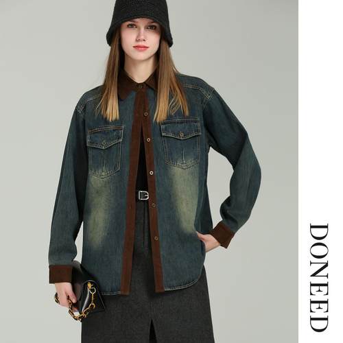 初春巴恩风港风撞色牛仔衬衫