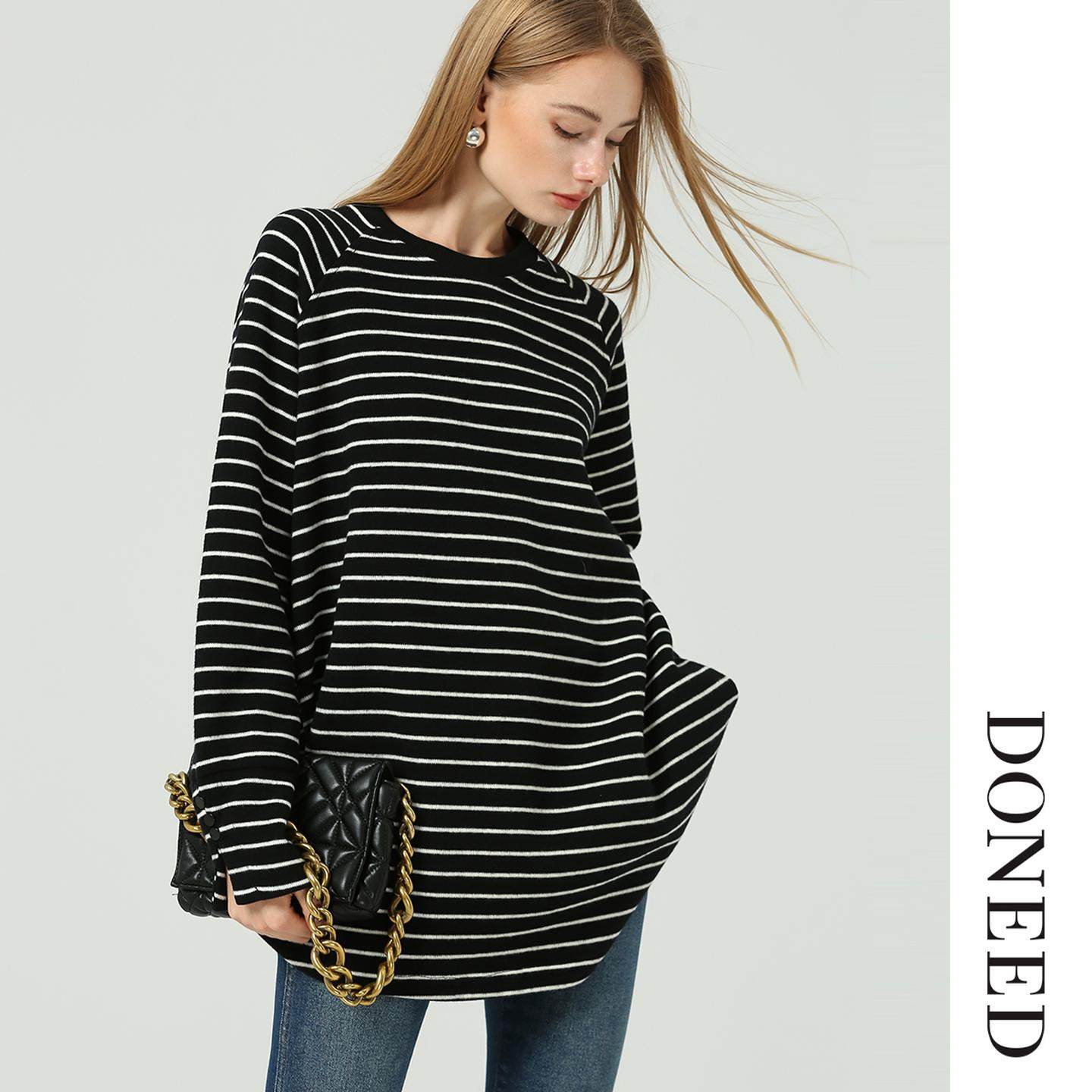 DONEED2025冬季新款设计感大版条纹长袖T恤针织打底衫宽松卫衣女