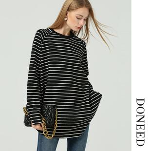 DONEED2025冬季新款设计感大版条纹长袖T恤针织打底衫宽松卫衣女