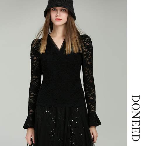 初春轻奢V领蕾丝显瘦上衣