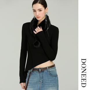 DONEED2026初春新款设计感不对称下摆配可拆卸毛领上衣