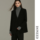 DONEED春款 外套女2025新款 时尚 休闲通勤V领斜纹宽松显瘦西装