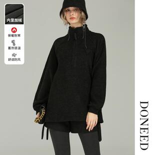 DONEED2025冬季高级感时尚三角标宽松高领半开拉链加绒卫衣女