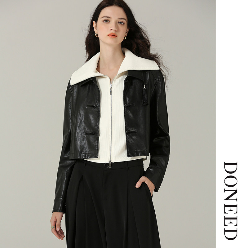 DONEED春款新中式女装改良国风翻领机车PU皮革夹克短款外套女