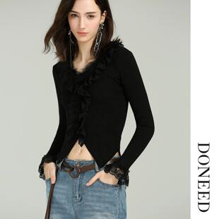 DONEED2026春季新款气质轻奢高级感拼接毛边蕾丝修身显瘦上衣女