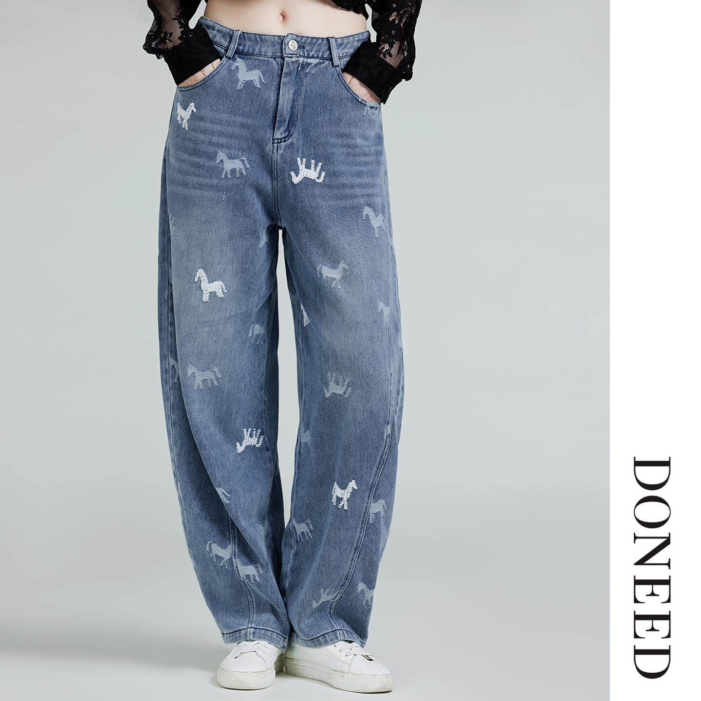 DONEED2026春夏新款高腰水洗牛仔弯刀长款复古日常通勤百搭阔腿裤