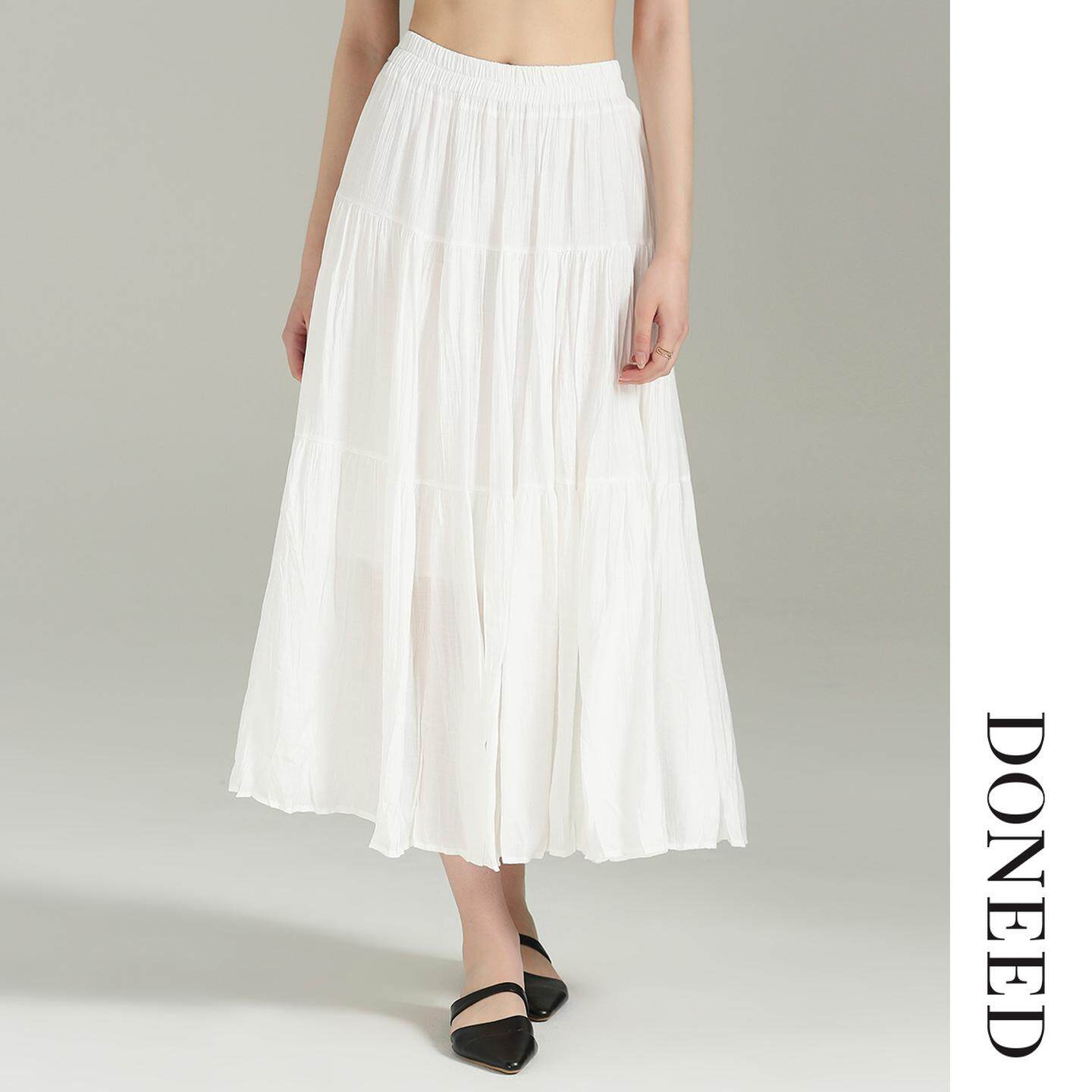 DONEED春款简约文艺纯色松紧腰缩褶宽松百搭显瘦中长款半身裙女