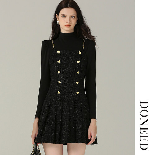 气质小香风半高领吊带连衣裙套装