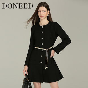 DONEED2025冬优雅气质配珠链腰带拼接A子裙摆显瘦设计感连衣裙女