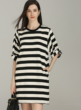 DONEED夏款极简风可调节短袖宽松显瘦圆领条纹针织中长款连衣裙女
