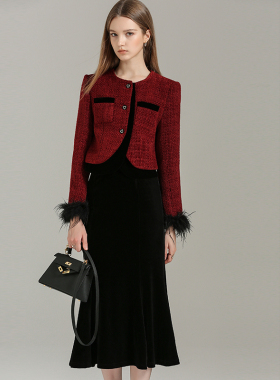 DONEED春款轻奢华美可拆羽毛红色呢料外套丝绒半裙小香风套装